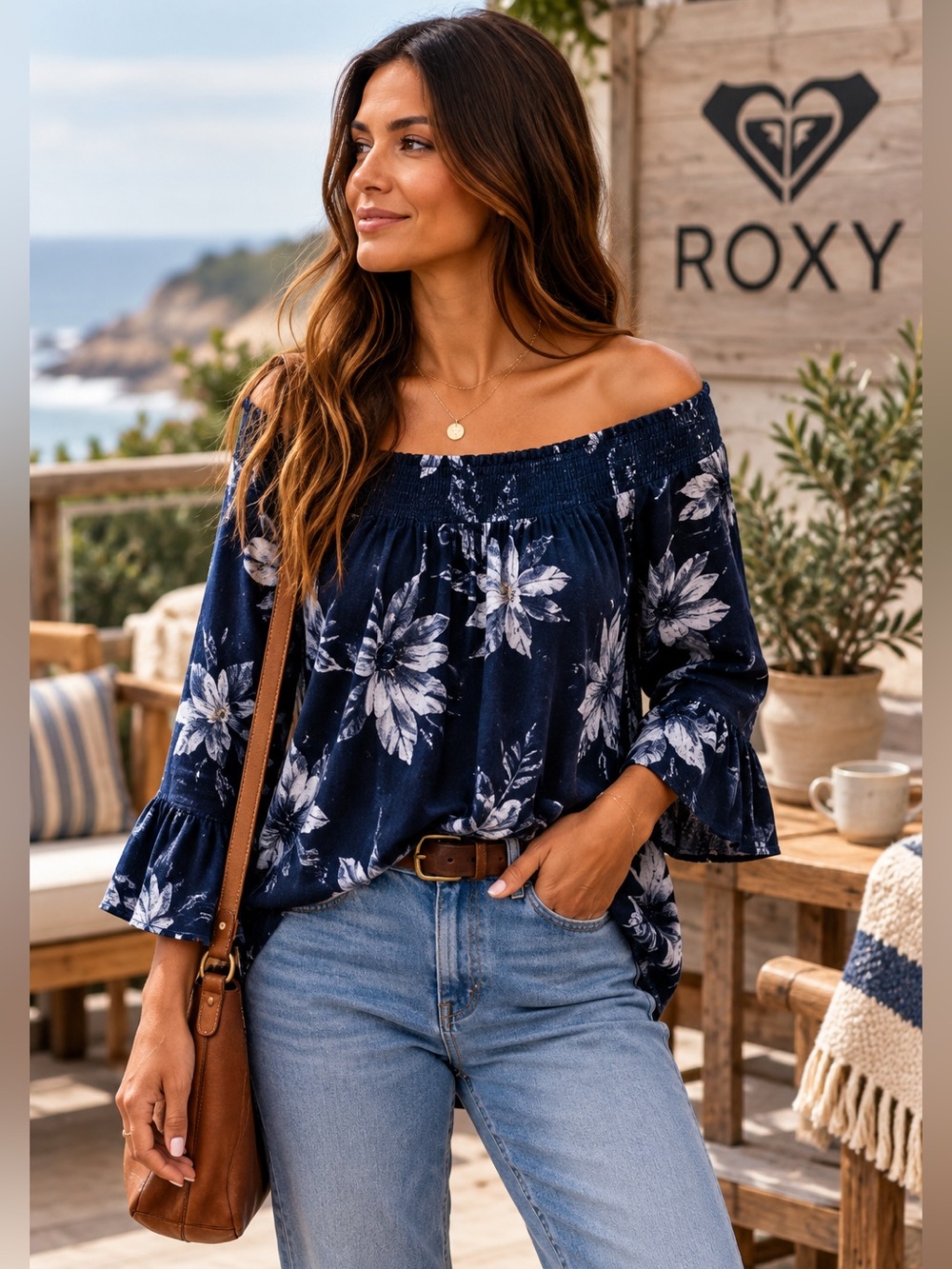 Roxy Floral Peasant Blouse Size L Smocked Neck Bell Sleeve Boho Navy
